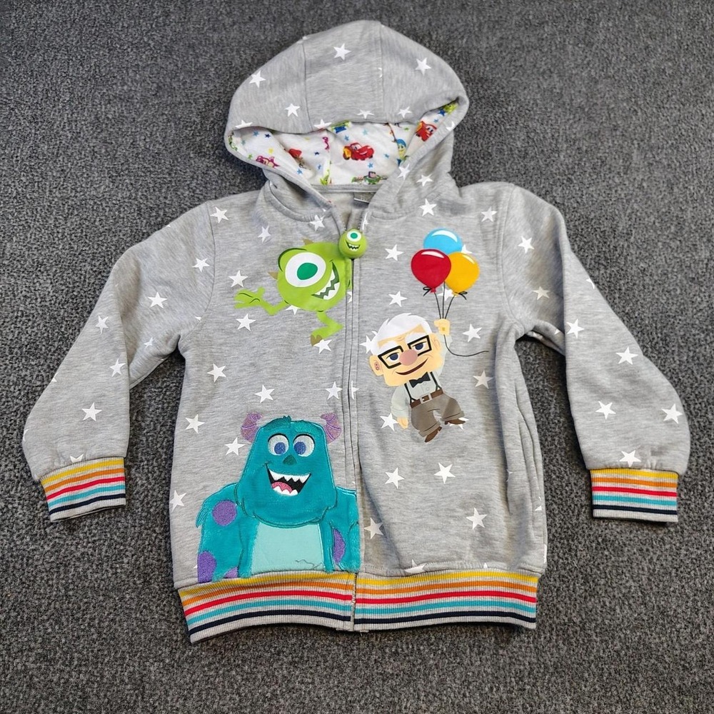 Disney 100 Pixar Boys 7 Hoodie Monsters Inc Up Mike Sulley Carl Grey Zip Up